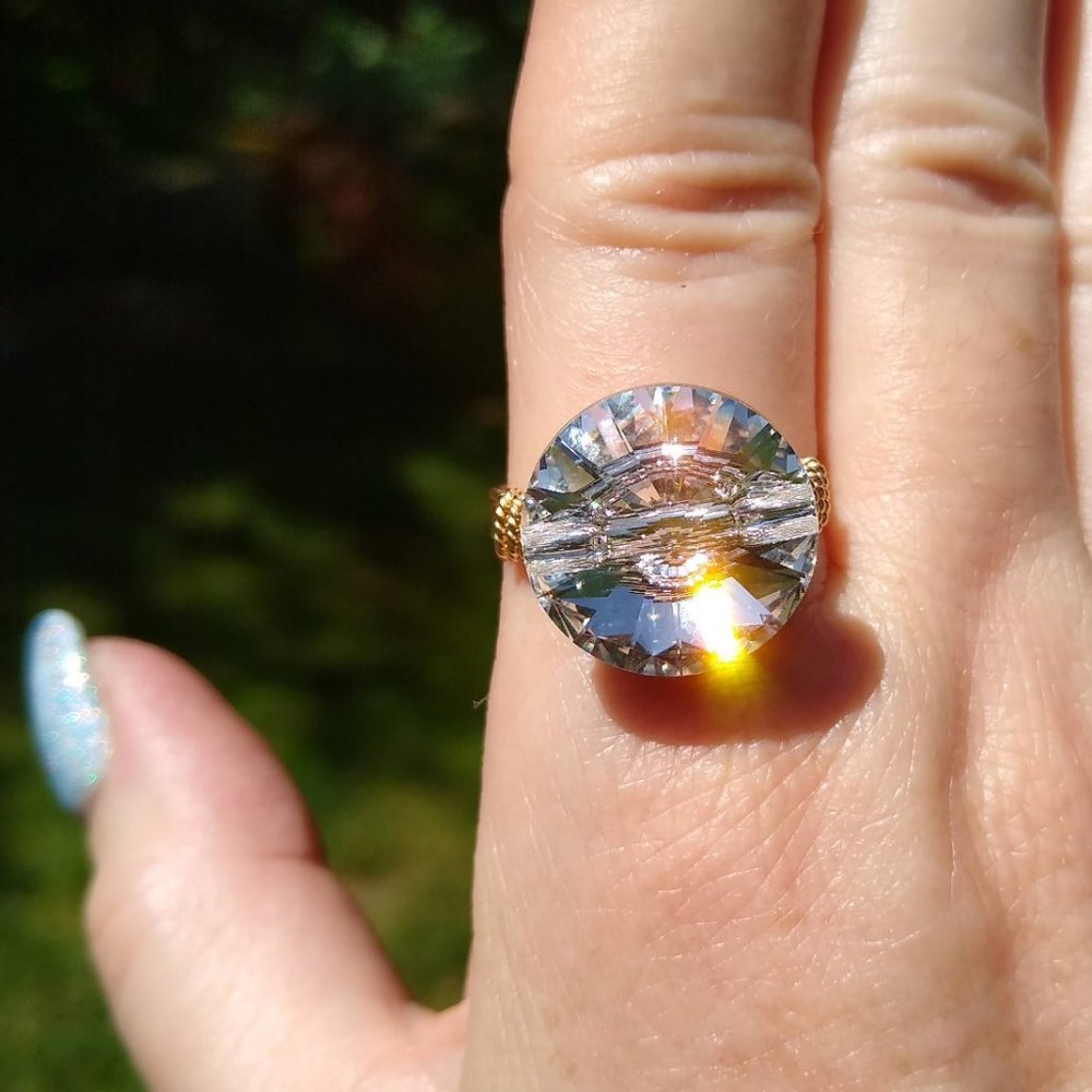 NWOT Ring, Austrian Crystal Button, Rose Gold Filled Wire, Handmade, size 9.75